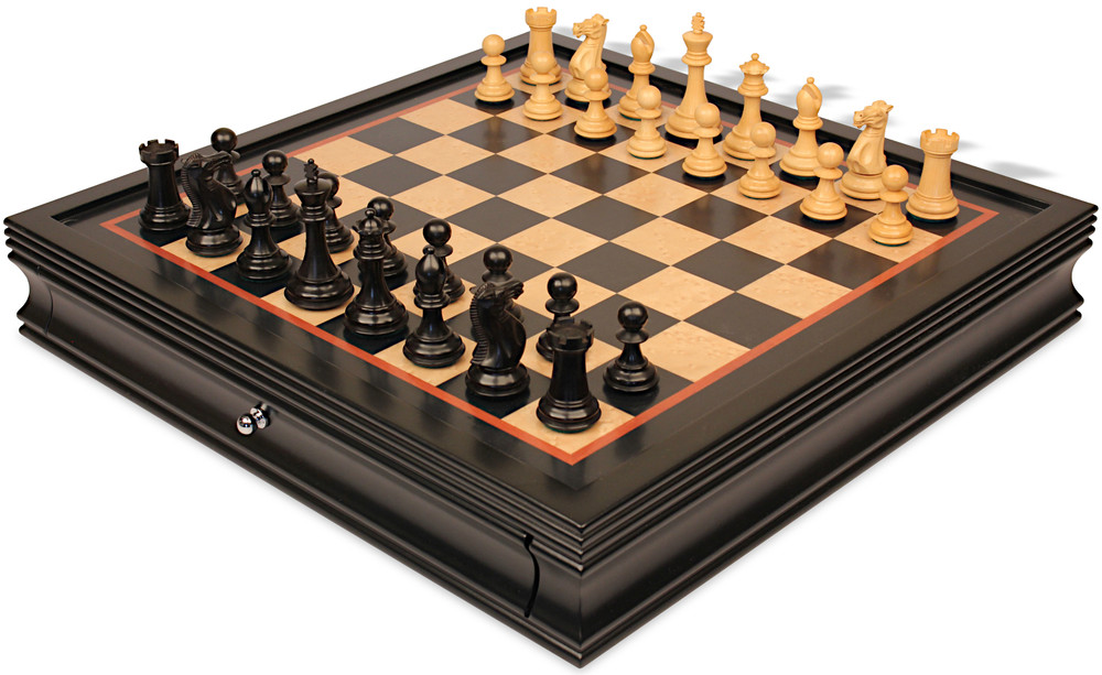 New Exclusive Staunton Chess Set - Ebonized & Boxwood Pieces - Black & Bird's-Eye Maple Two-Drawer Chess Case - 3" King
